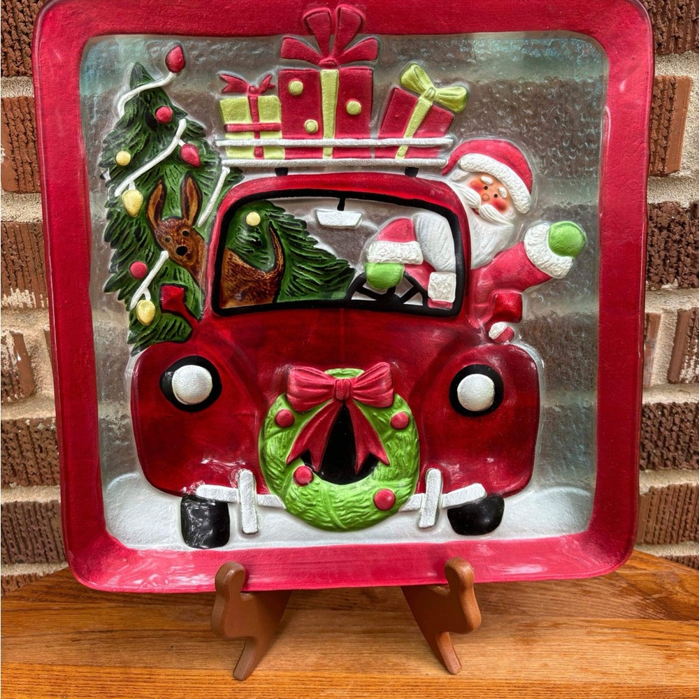 Hand painted Santa Clause and puppy Christmas Holiday Decorative plate